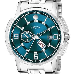 matrix black, blue, white dial, day & date functioning, stainless steel strap analog watch for men & women