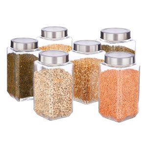 glass square shape transparent glass jars & glass containers for kitchen pantry, snacks, masala, pickles, dry fruits, coffee beans storage with steel see through lid (set of 6) (1000ml steel cap)