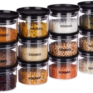 amazon brand solimo plastic storage jar and container set i air tight & bpa free containers for kitchen storage set i grocery kitchen container set i multipurpose jar, 500 ml each, set 12, black