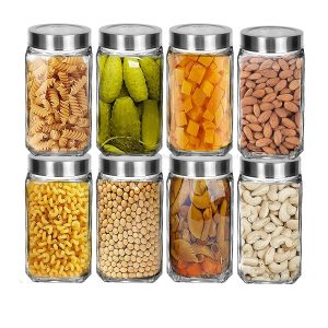cubical square transparent glass jars & containers for kitchen pantry, snacks, masala, jams, pickles, cookies, dry fruits, coffee beans storage 1kg glass jar with lid, 1liter, set of 8
